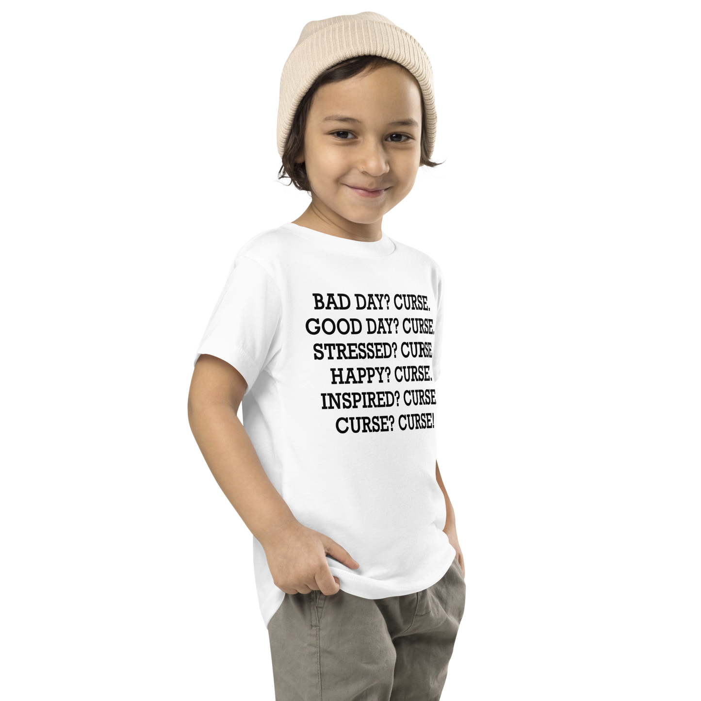 "Bad Day? Curse. Good Day? Curse. Stressed? Curse. Happy? Curse. Inspired? Curse. Curse? Curse!" printed on a white toddler short sleeve tee worn by a male who is also wearing a knit cap