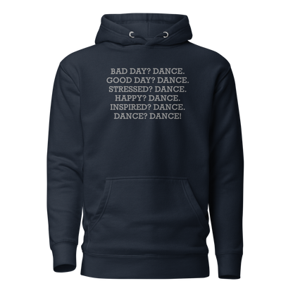 "Bad Day? Dance. Good Day? Dance. Stressed? Dance. Happy? Dance. Inspired? Dance. Dance? Dance!" printed on a navy blazer on an invisible / simulated body