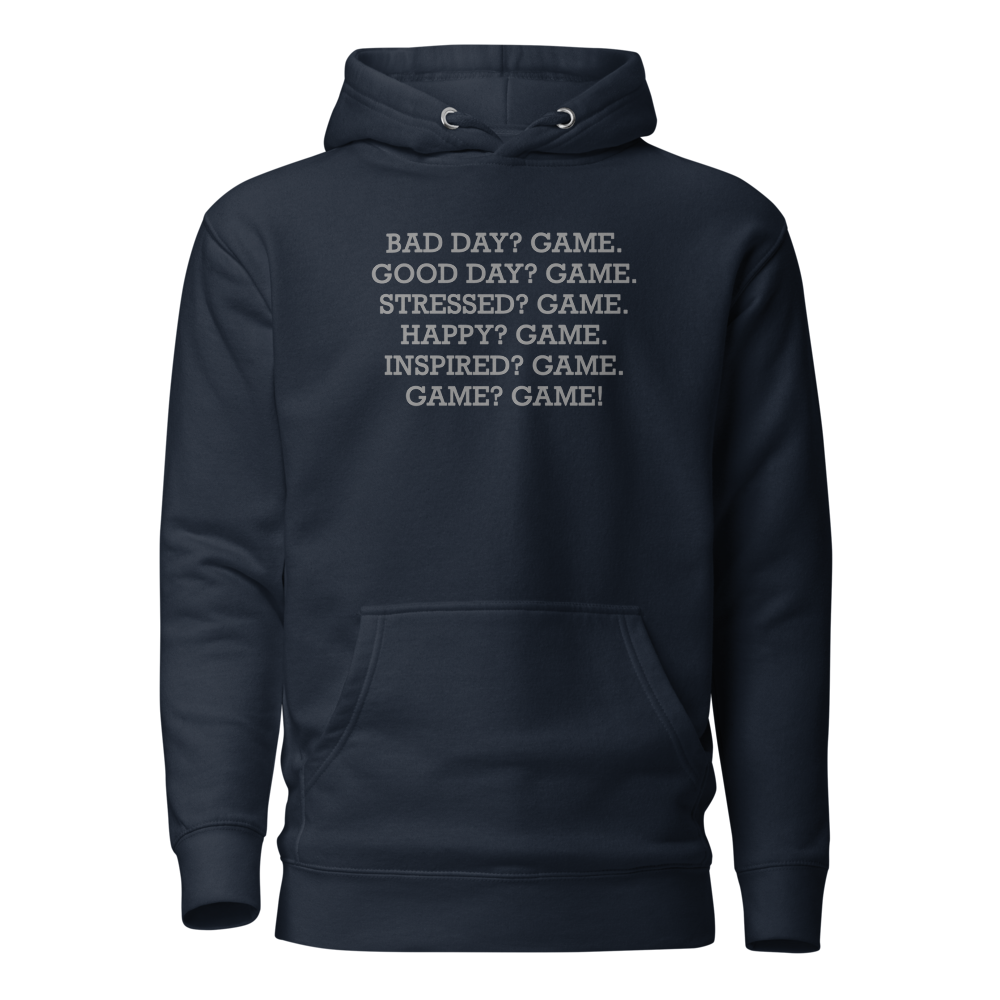 "Bad Day? Game. Good Day? Game. Stressed? Game. Happy? Game. Inspired? Game. Game? Game!" printed on a navy blazer on an invisible / simulated body