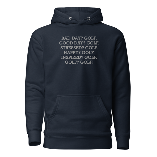 "Bad Day? Golf. Good Day? Golf. Stressed? Golf. Happy? Golf. Inspired? Golf. Golf? Golf!" printed on a navy blazer on an invisible / simulated body