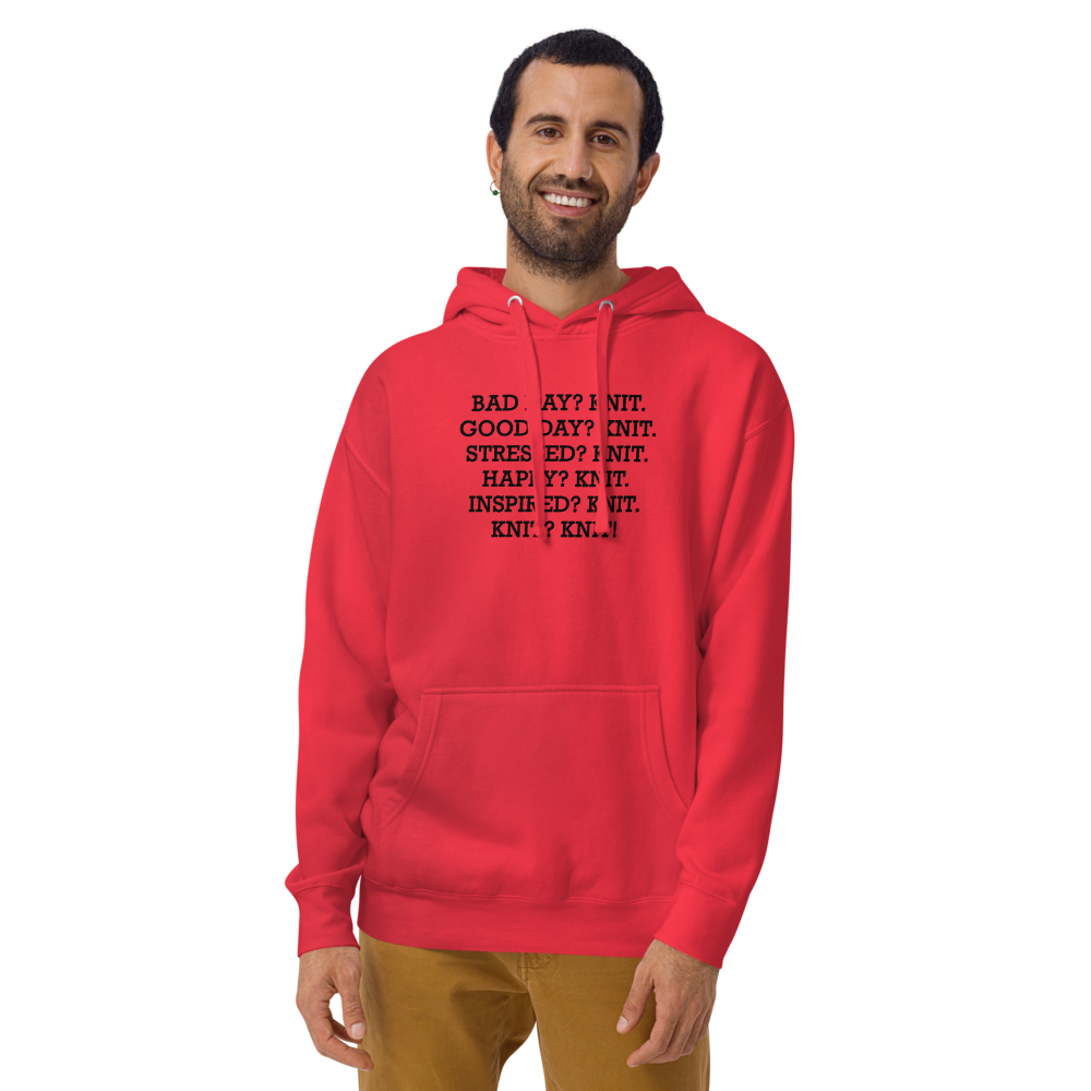 "Bad Day? Knit. Good Day? Knit. Stressed? Knit. Happy? Knit. Inspired? Knit. Knit? Knit!" printed on a team red warn by a male