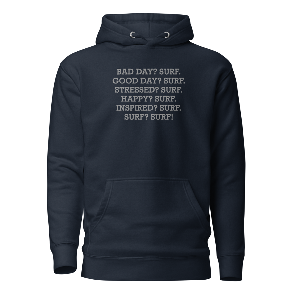 "Bad Day? Surf. Good Day? Surf. Stressed? Surf. Happy? Surf. Inspired? Surf. Surf? Surf!" printed on a navy blazer on an invisible / simulated body