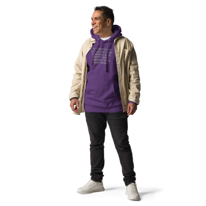 "Bad Day? Surf. Good Day? Surf. Stressed? Surf. Happy? Surf. Inspired? Surf. Surf? Surf!" printed on a purple unisex hoodie worn by a male with a jacket on top