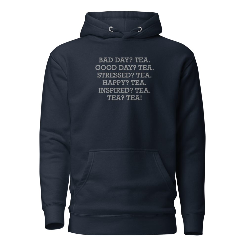 "Bad Day? Tea. Good Day? Tea. Stressed? Tea. Happy? Tea. Inspired? Tea. Tea? Tea!" printed on a navy blazer on an invisible / simulated body