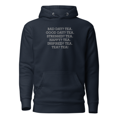 "Bad Day? Tea. Good Day? Tea. Stressed? Tea. Happy? Tea. Inspired? Tea. Tea? Tea!" printed on a navy blazer on an invisible / simulated body