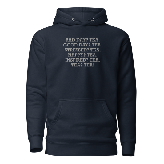 "Bad Day? Tea. Good Day? Tea. Stressed? Tea. Happy? Tea. Inspired? Tea. Tea? Tea!" printed on a navy blazer on an invisible / simulated body