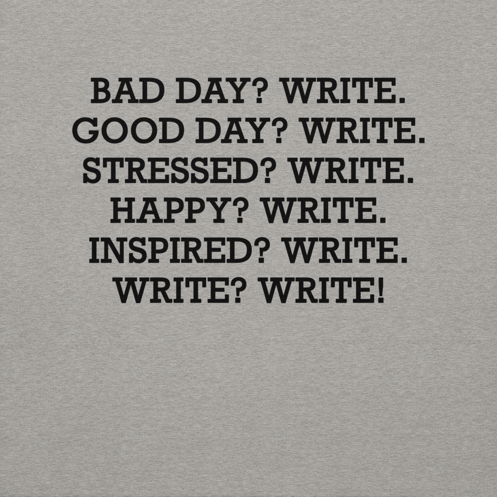 "Bad Day? Write. Good Day? Write. Stressed? Write. Happy? Write. Inspired? Write. Write? Write!" printed on a carbon grey background