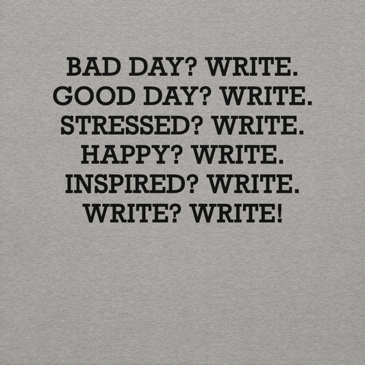 "Bad Day? Write. Good Day? Write. Stressed? Write. Happy? Write. Inspired? Write. Write? Write!" printed on a carbon grey background