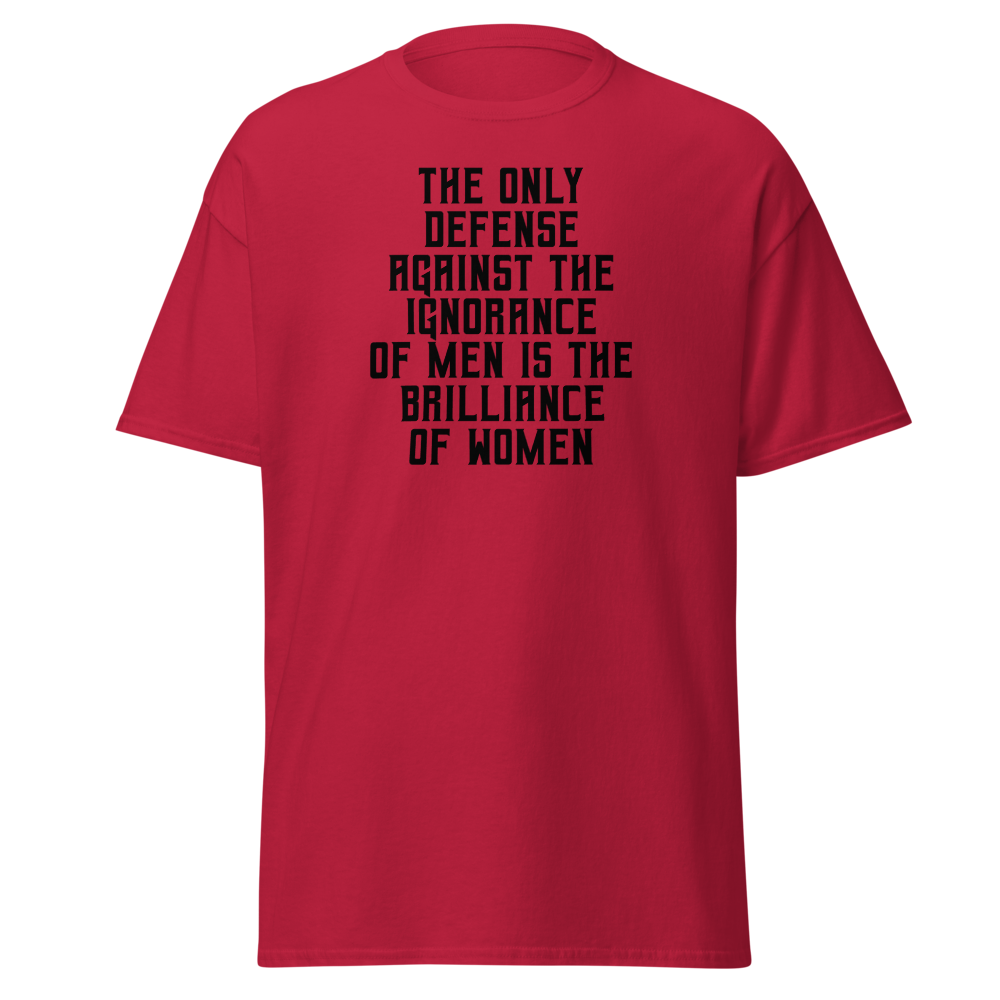 "The Only defense against the ignorance of men is the brilliance of women" printed on a cardinal on an invisible body