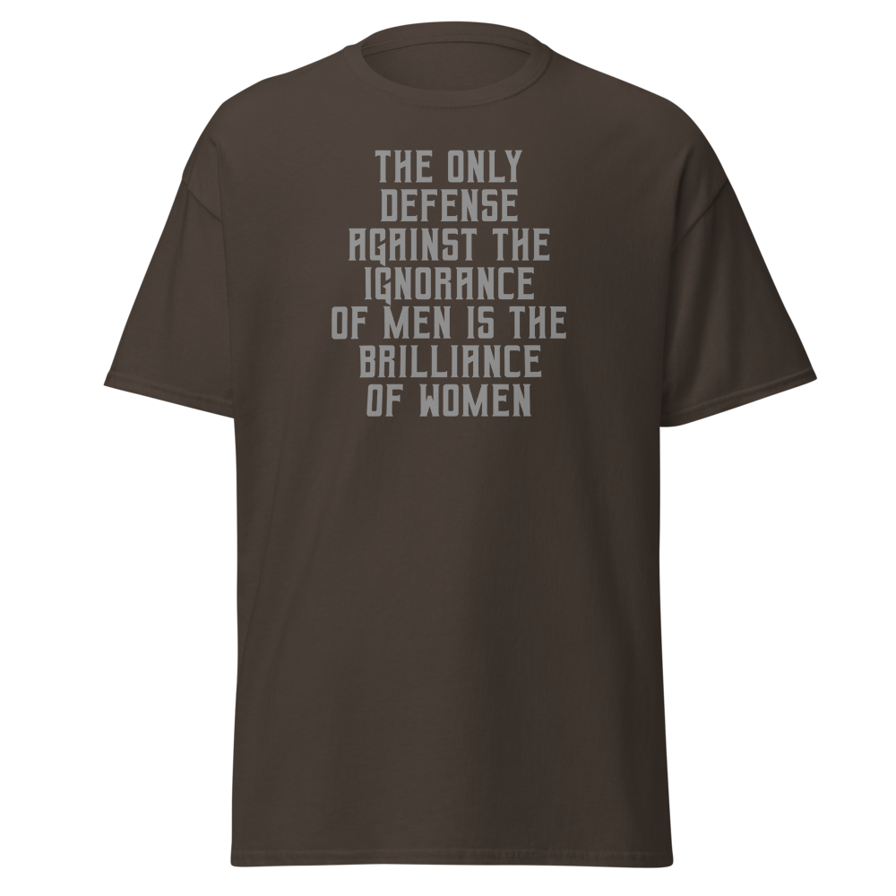 "The Only defense against the ignorance of men is the brilliance of women" printed on a dark chocolate on an invisible body