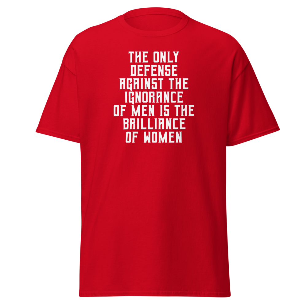 "The Only defense against the ignorance of men is the brilliance of women" printed on a red on an invisible body