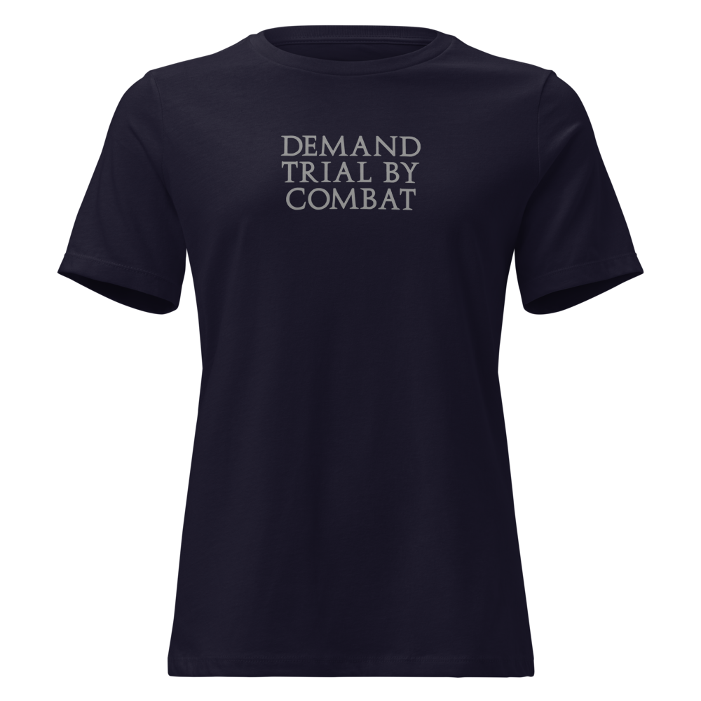 "Demand trial by combat" printed on a navy on an invisible / simulated body