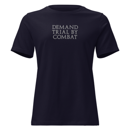 "Demand trial by combat" printed on a navy on an invisible / simulated body
