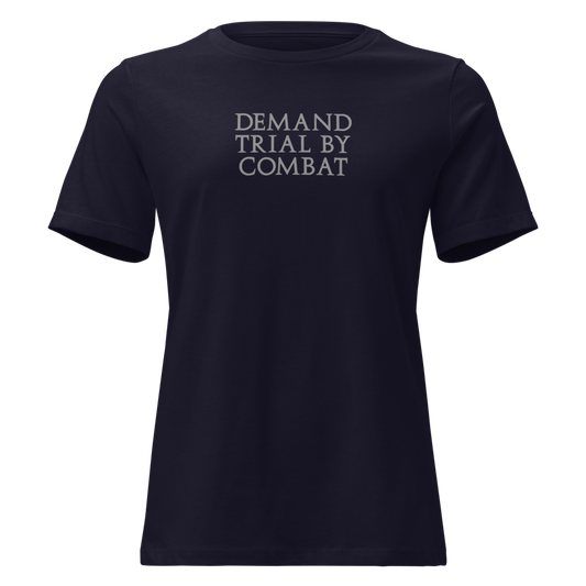 "Demand trial by combat" printed on a navy on an invisible / simulated body