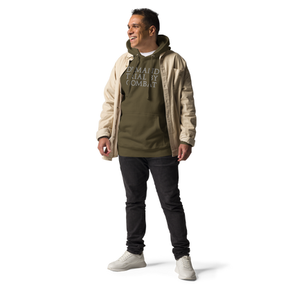 "Demand trial by combat" printed on a military green unisex hoodie worn by a male with a jacket on top