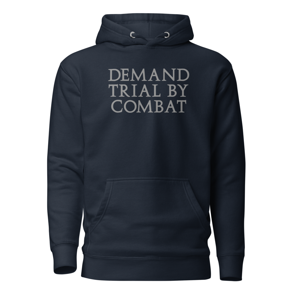 "Demand trial by combat" printed on a navy blazer on an invisible / simulated body