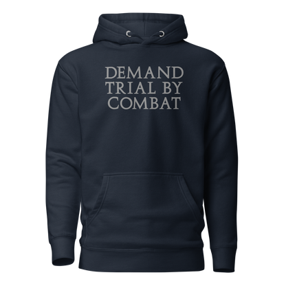 "Demand trial by combat" printed on a navy blazer on an invisible / simulated body