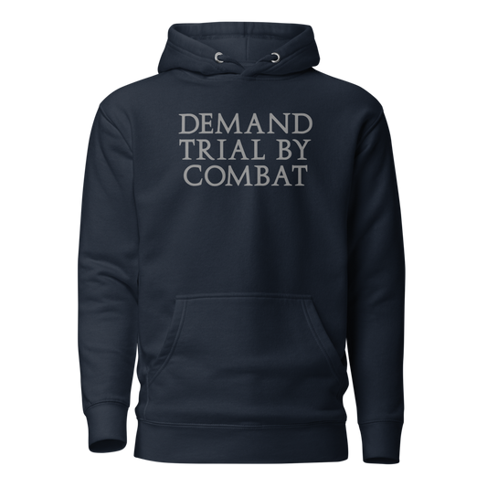 "Demand trial by combat" printed on a navy blazer on an invisible / simulated body