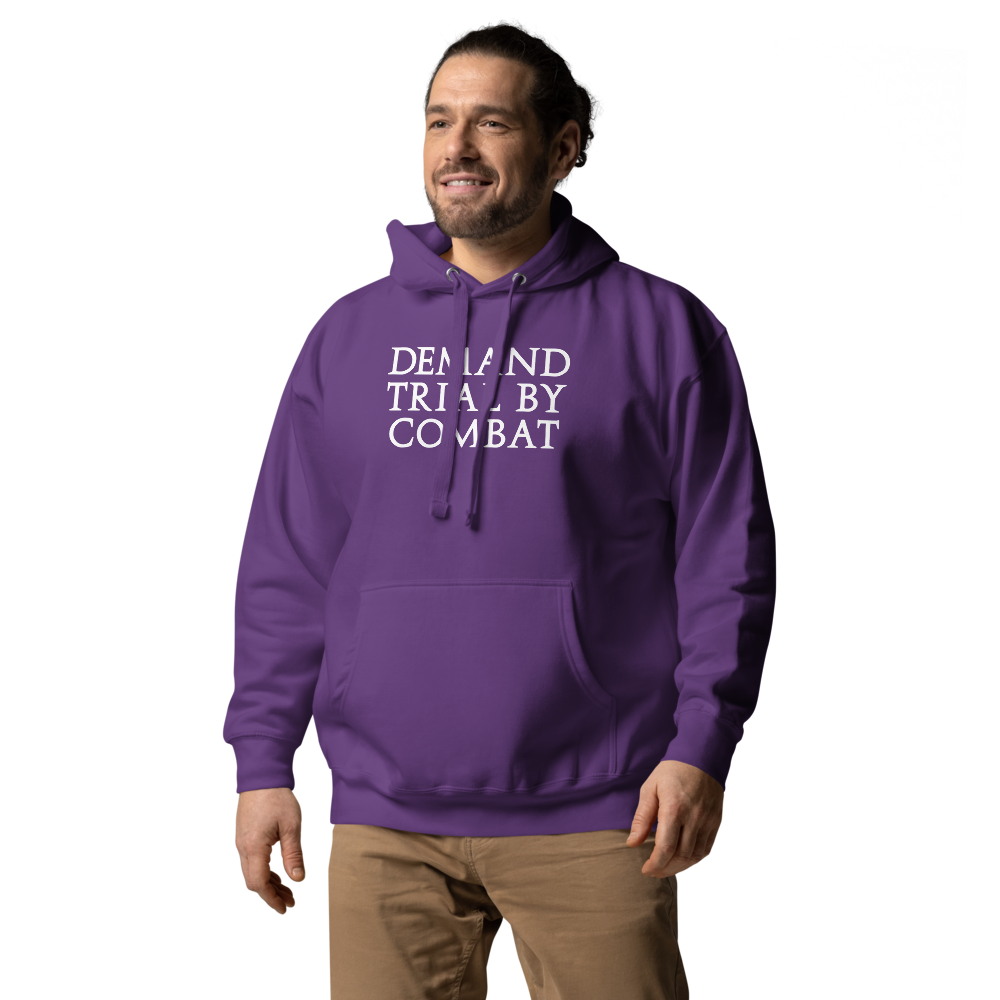 "Demand trial by combat" printed on a purple unisex hoodie worn by a male