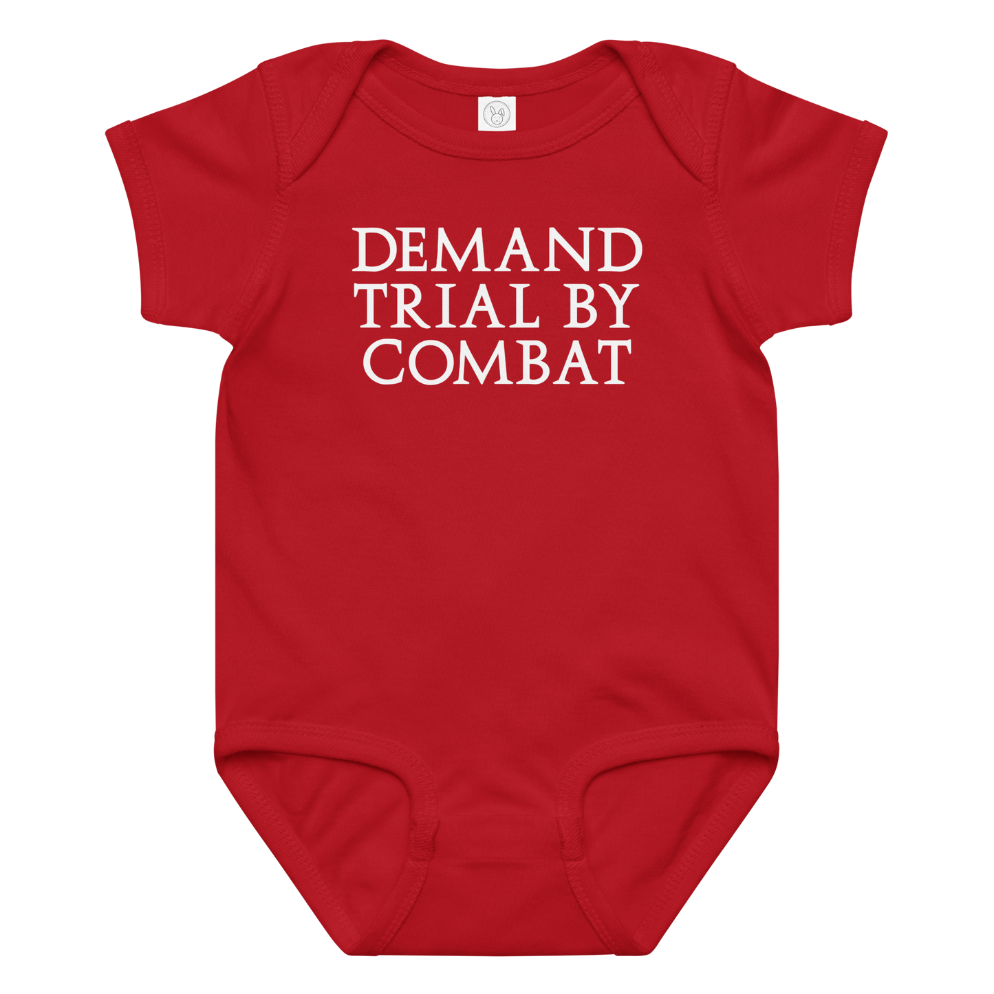 "Demand trial by combat" printed on a red baby jersey bodysuit laying on a flat surface amongst other clothes