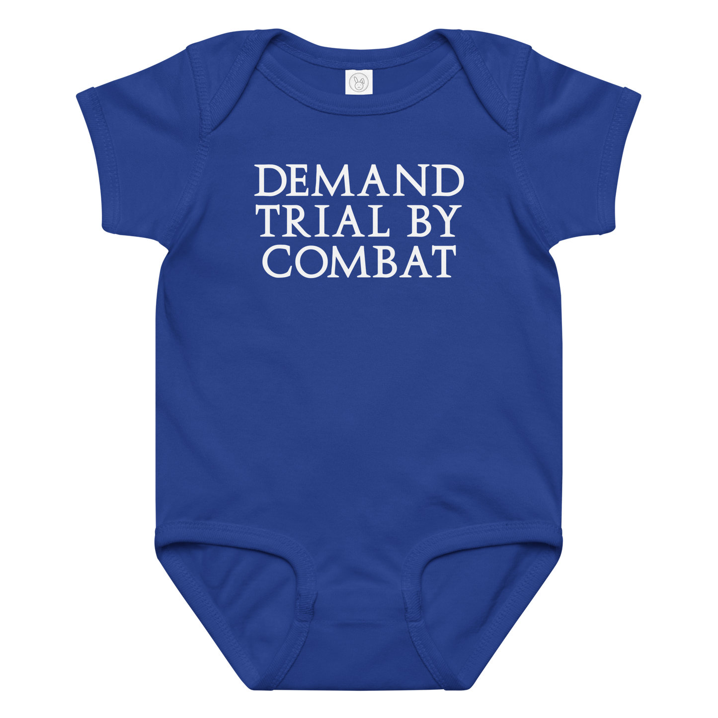 "Demand trial by combat" printed on a royal baby jersey bodysuit laying on a flat surface amongst other clothes