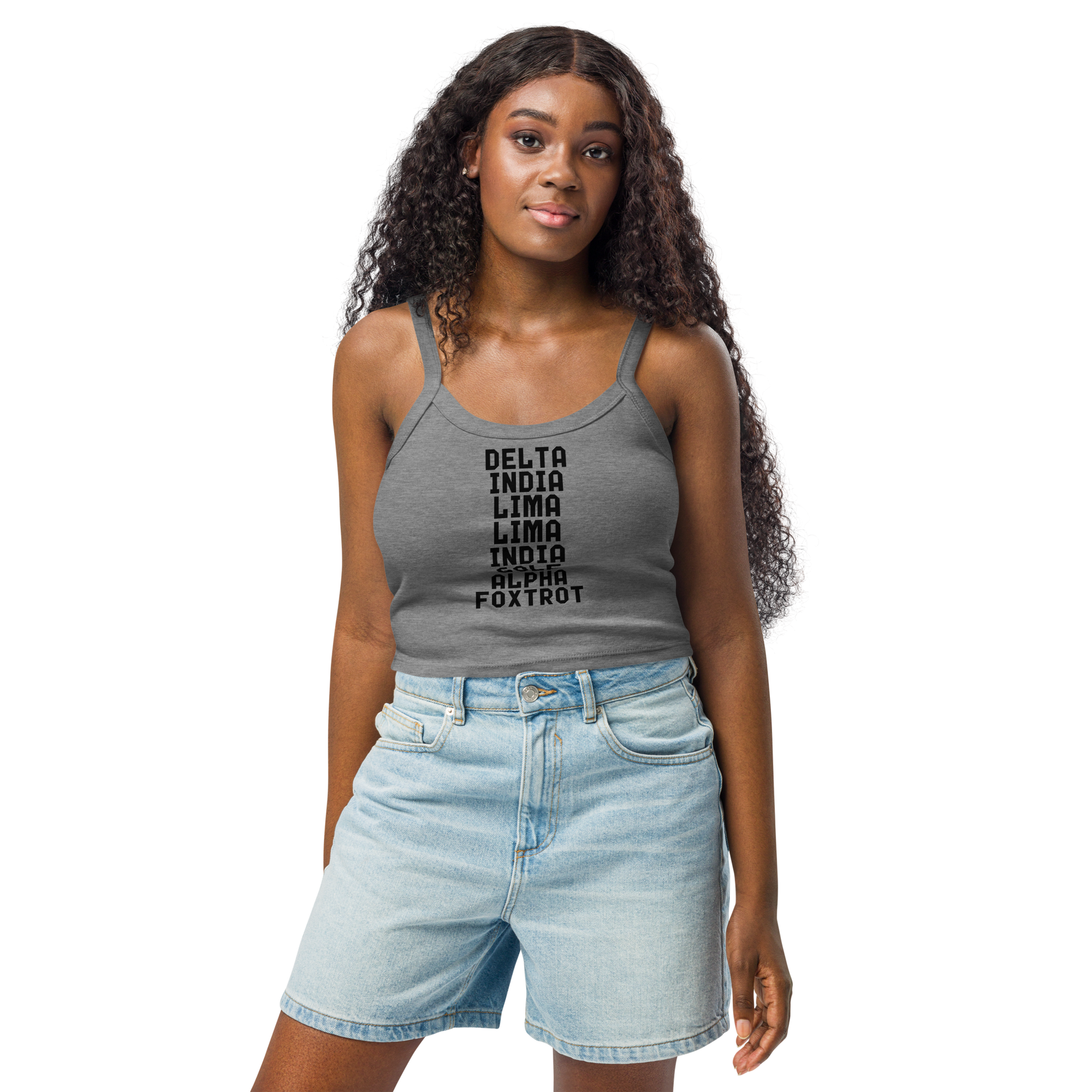"DILLIGAF" printed on a athletic heather women's micro-rib tanktop worn by a female