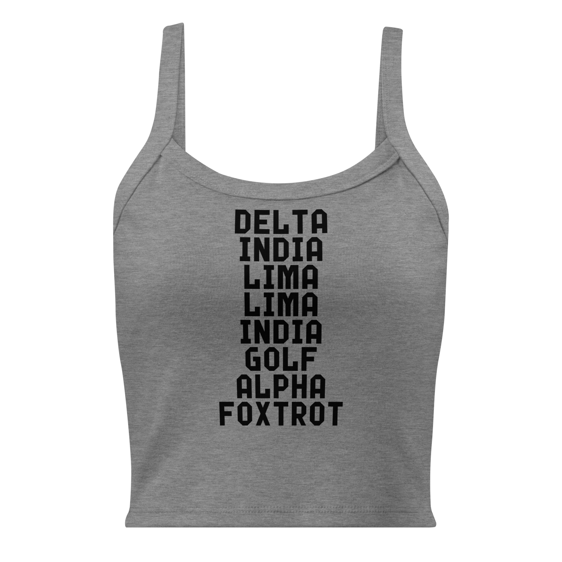 "DILLIGAF" printed on a athletic heather women's micro-rib tanktop laying on a flat surface