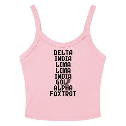 "DILLIGAF" printed on a solid pink blend women's micro-rib tanktop laying on a flat surface amongst sunglasses and shorts
