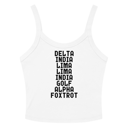 "DILLIGAF" printed on a solid white blend women's micro-rib tanktop laying on a flat surface amongst sunglasses and shorts