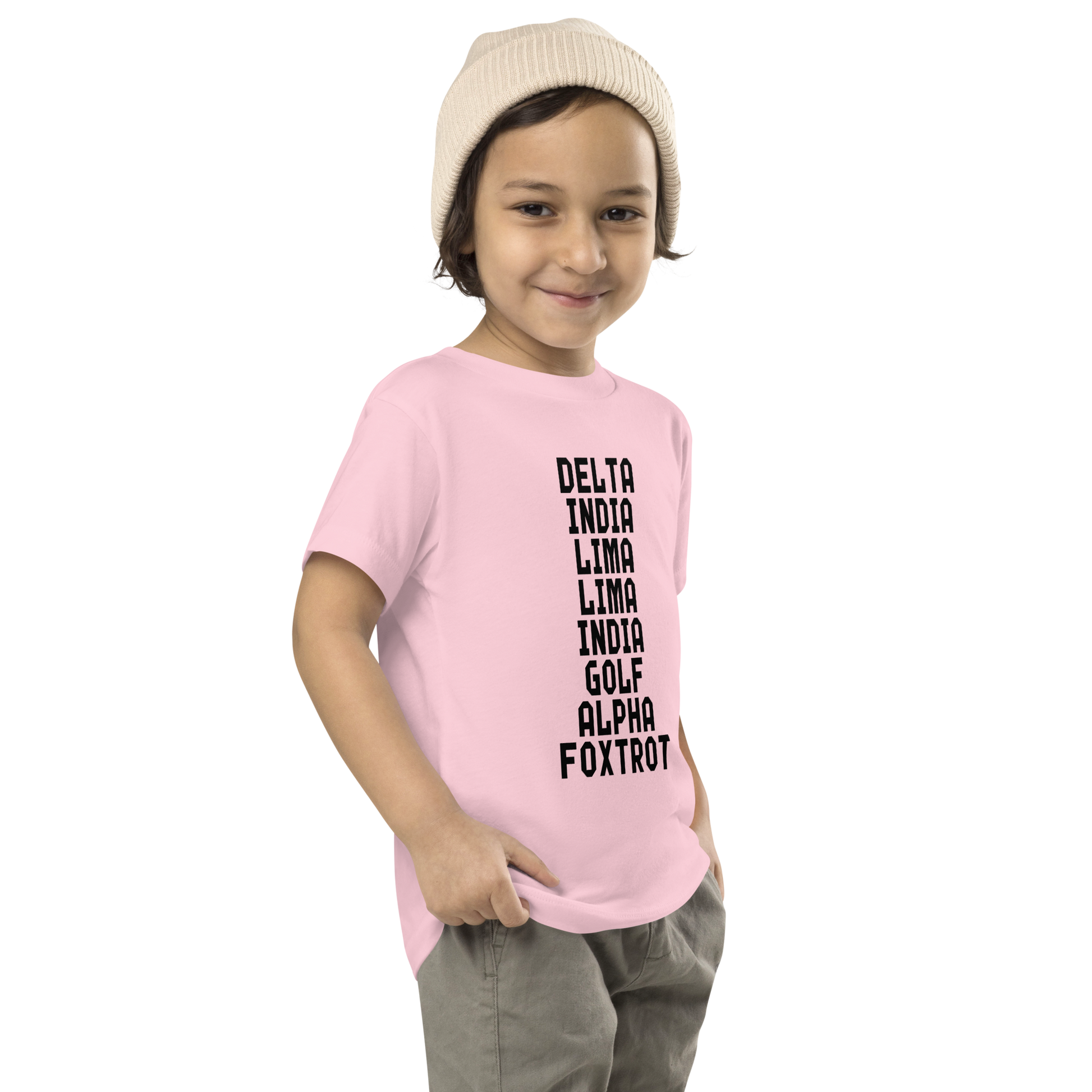 "DILLIGAF" printed on a pink toddler short sleeve tee worn by a male who is also wearing a knit cap