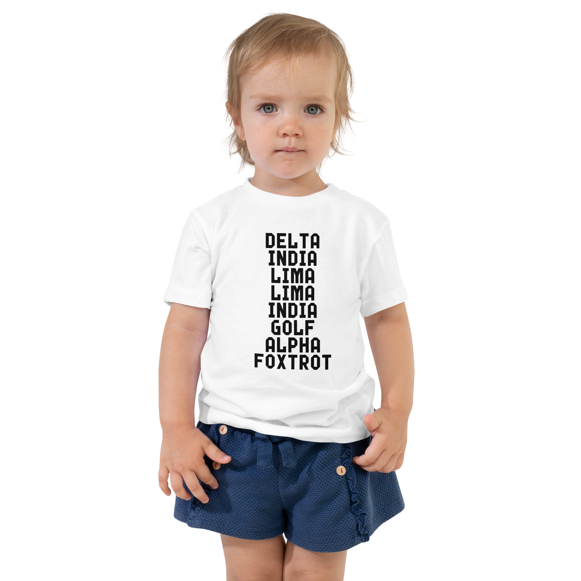 "DILLIGAF" printed on a white toddler short sleeve tee worn by a female