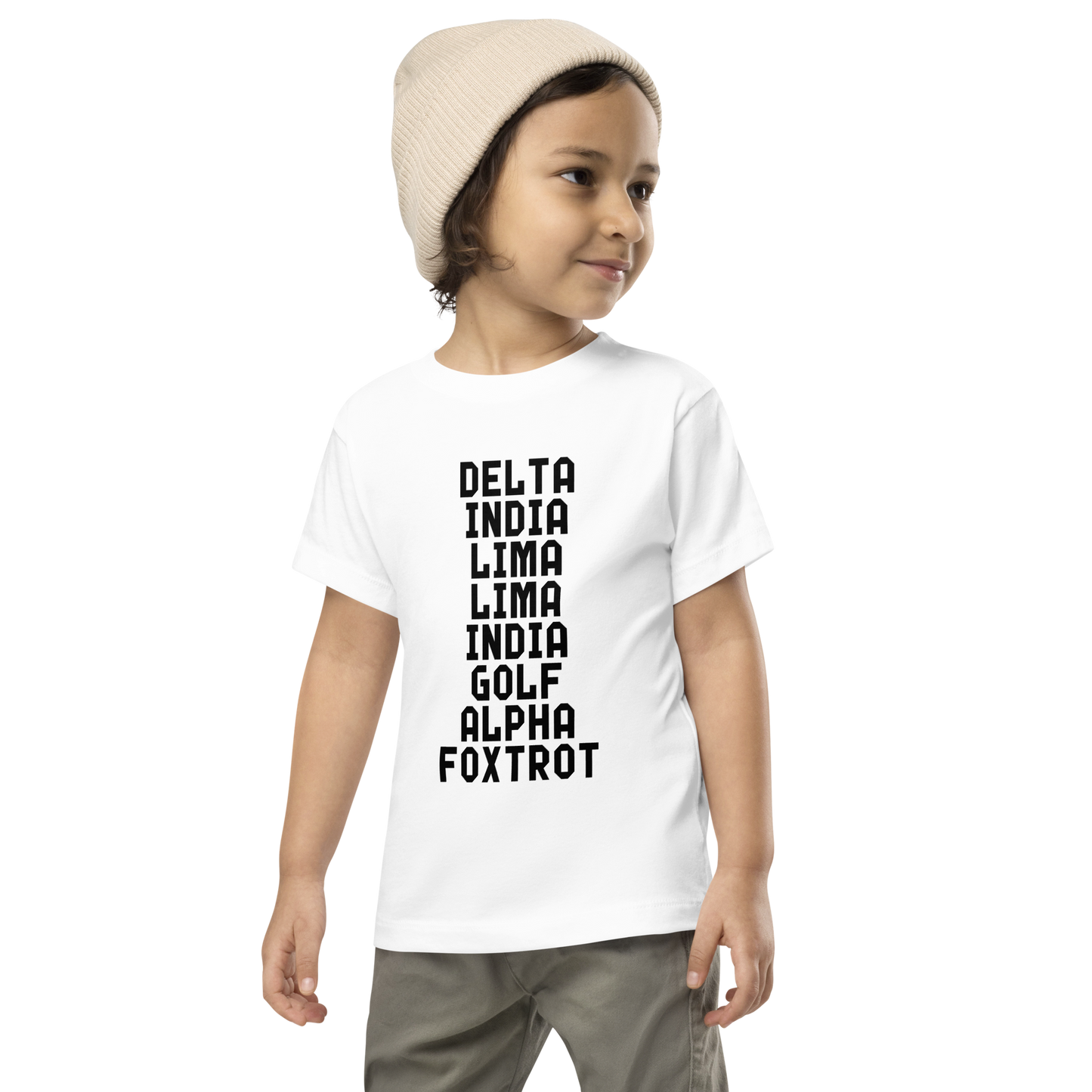 "DILLIGAF" printed on a white toddler short sleeve tee worn by a male wearing a cap