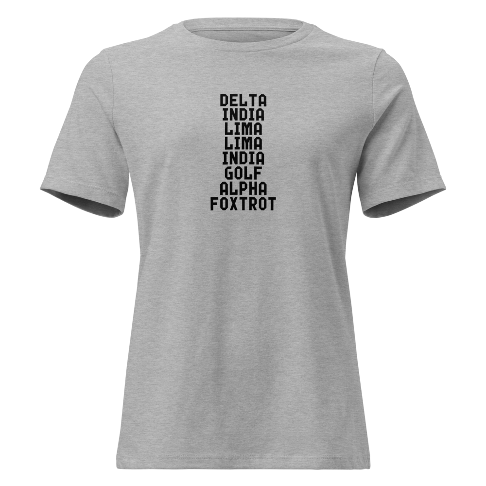 "DILLIGAF" printed on a athletic heather on an invisible / simulated body