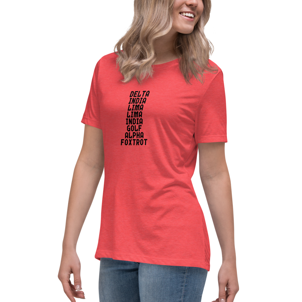 "DILLIGAF" printed on a heather red women's relaxed t-shirt worn by a female