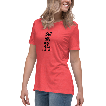 "DILLIGAF" printed on a heather red women's relaxed t-shirt worn by a female