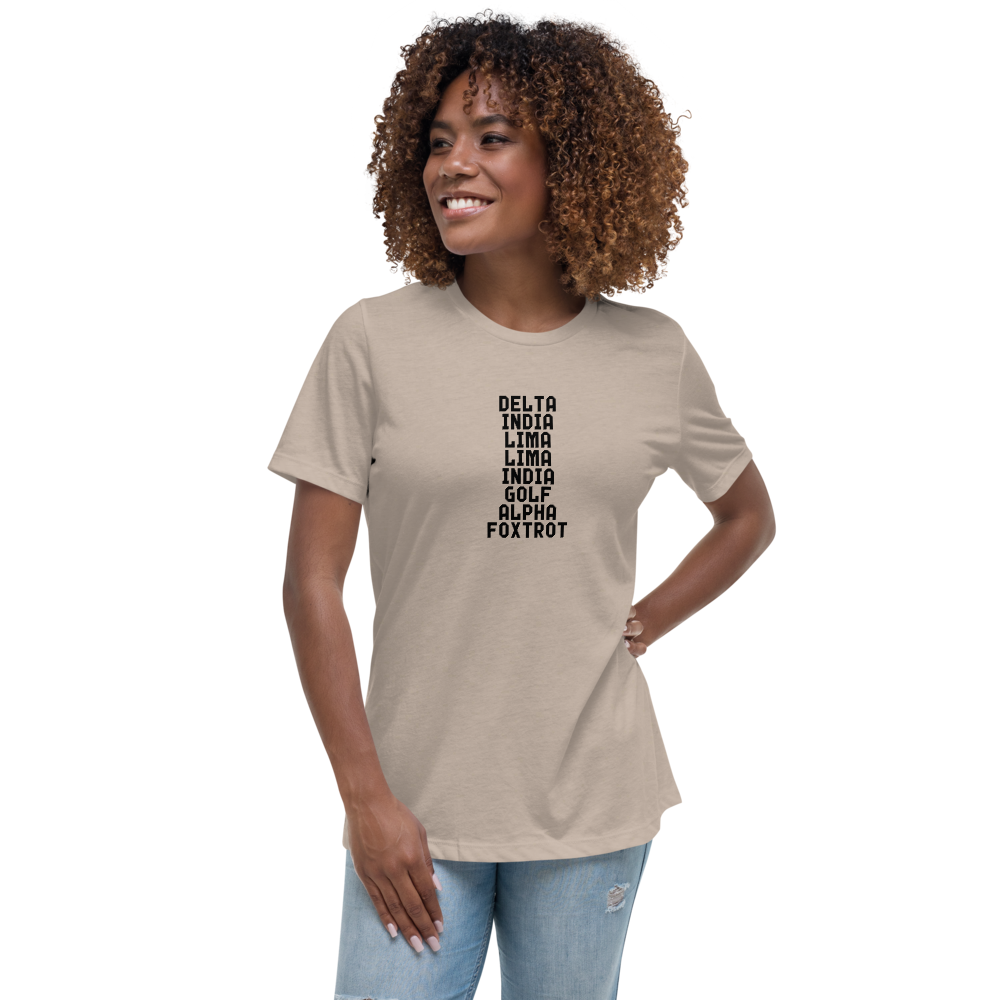 "DILLIGAF" printed on a heather stone women's relaxed t-shirt worn by a female