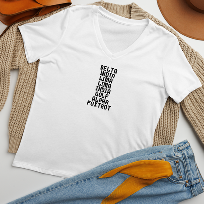 "DILLIGAF" printed on a solid white blend women's relaxed v-neck t-shirt laying on a flat surface amongst other clothes