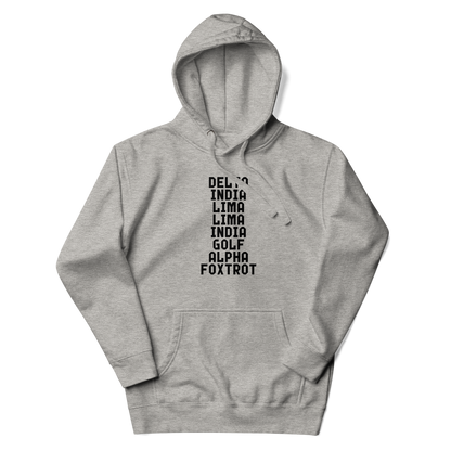 "DILLIGAF" printed on a carbon grey unisex hoodie laying on a flat surface with the hood up