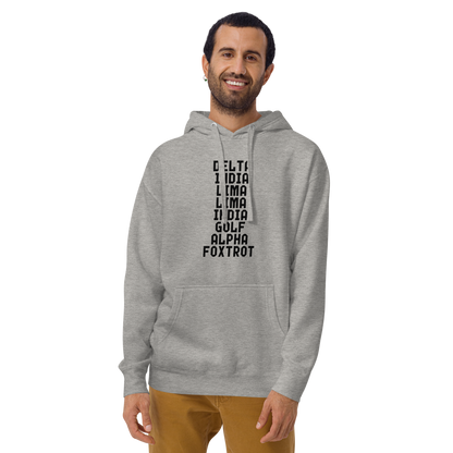 "DILLIGAF" printed on a carbon grey warn by a male
