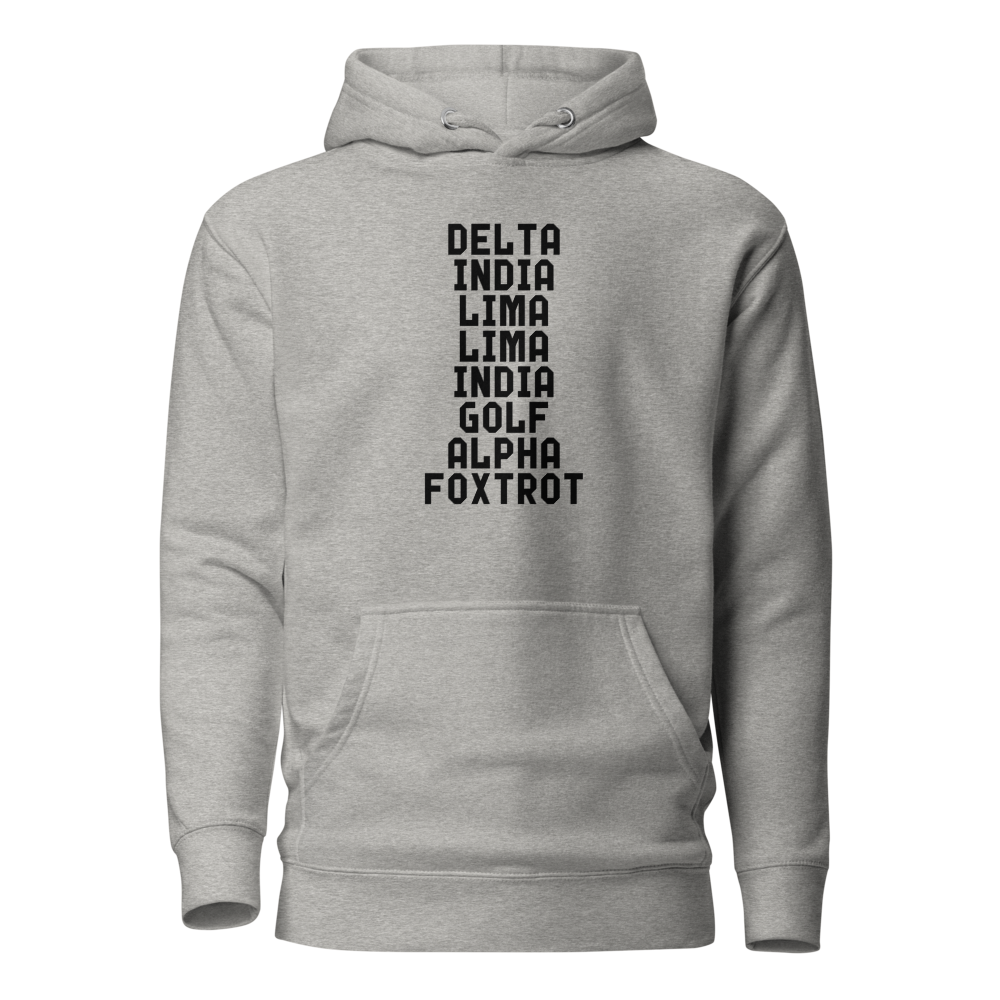"DILLIGAF" printed on a carbon grey on an invisible / simulated body