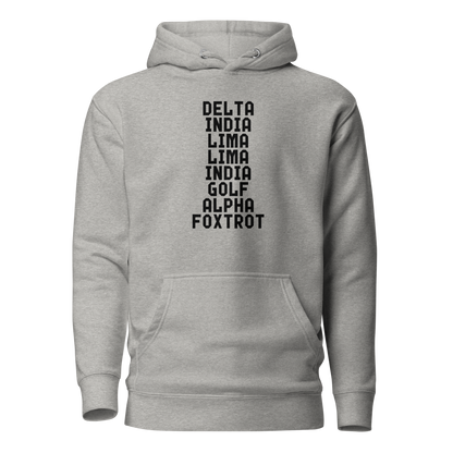 "DILLIGAF" printed on a carbon grey on an invisible / simulated body