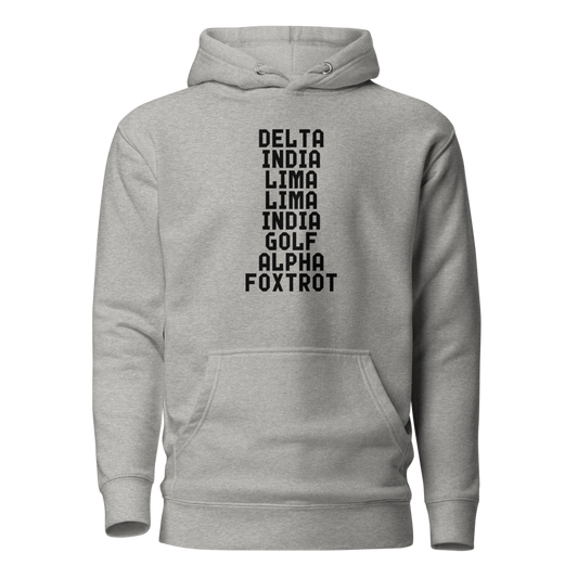 "DILLIGAF" printed on a carbon grey on an invisible / simulated body