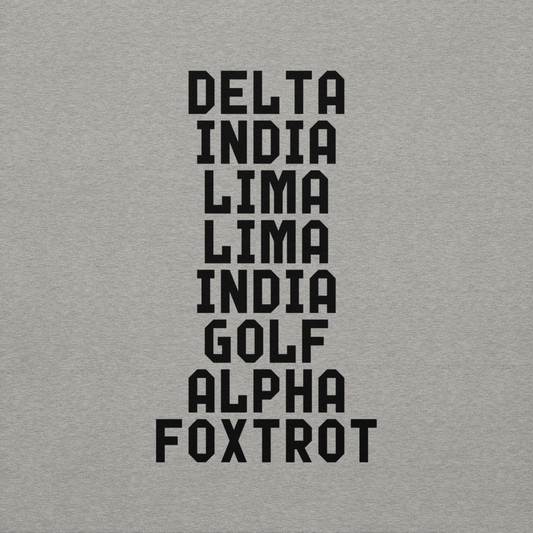 "DILLIGAF" printed on a carbon grey background