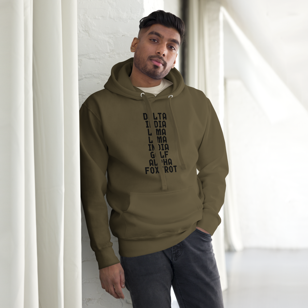 "DILLIGAF" printed on a military green unisex hoodie worn by a male