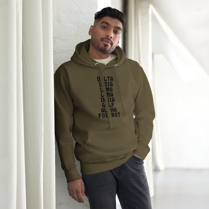 "DILLIGAF" printed on a military green unisex hoodie worn by a male