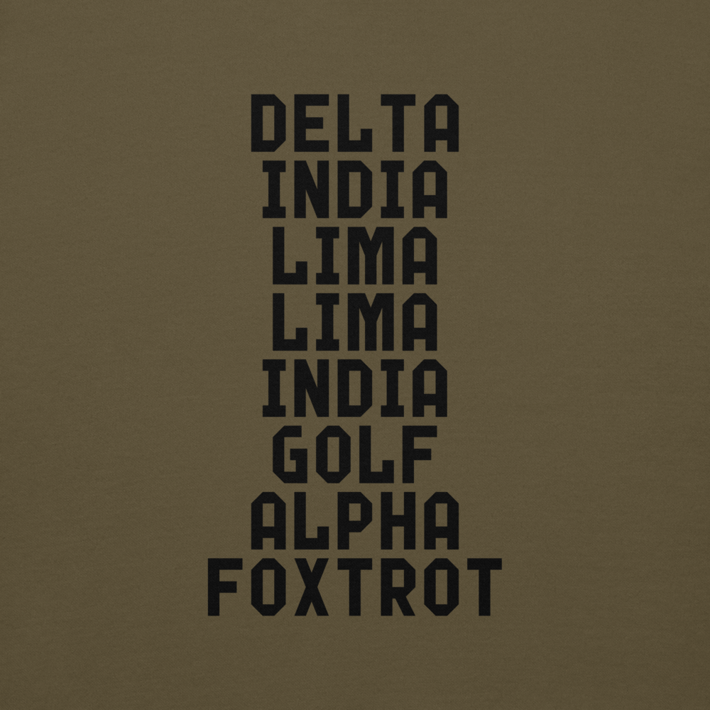 "DILLIGAF" printed on a military green background