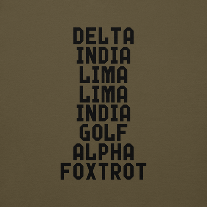 "DILLIGAF" printed on a military green background