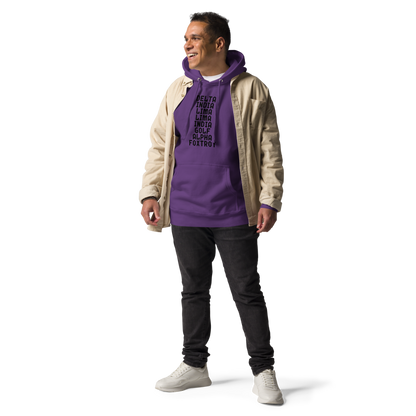 "DILLIGAF" printed on a purple unisex hoodie worn by a male with a jacket on top