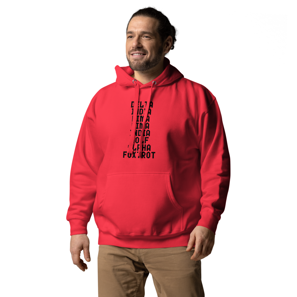 "DILLIGAF" printed on a team red unisex hoodie worn by a male