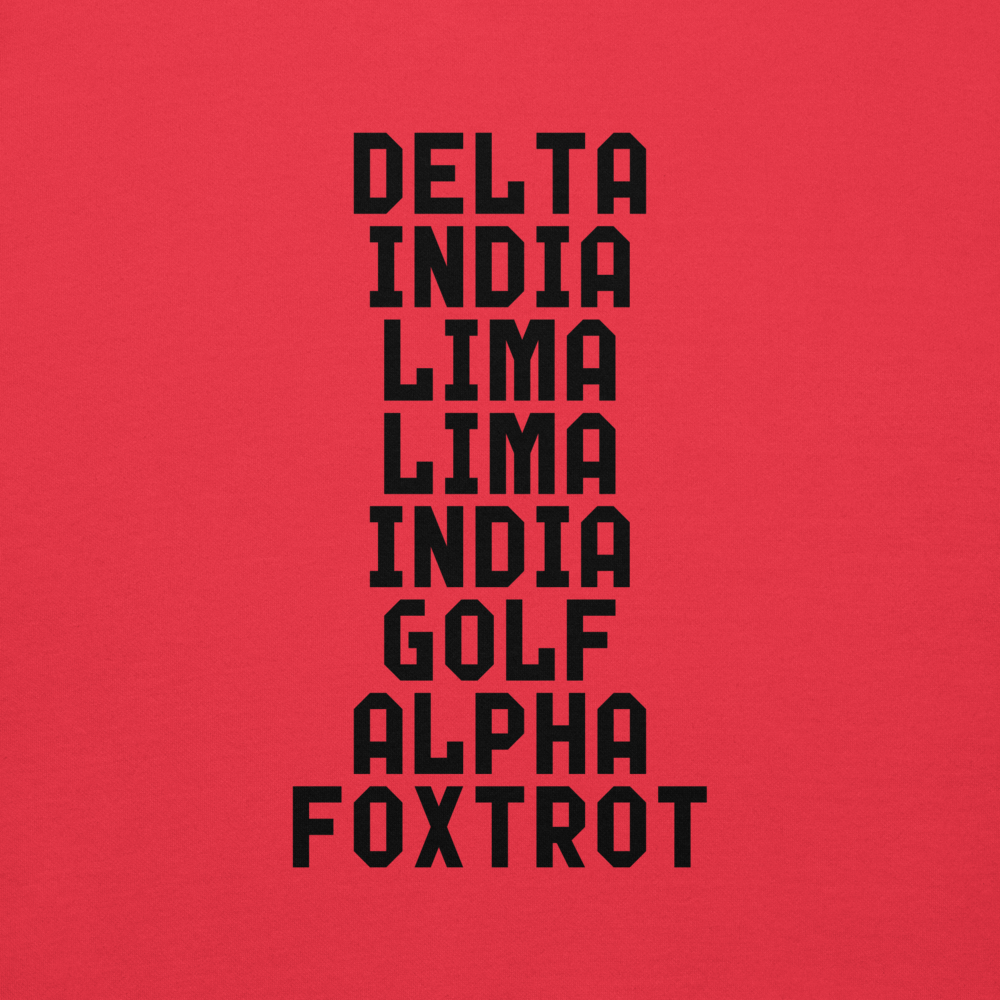 "DILLIGAF" printed on a team red background